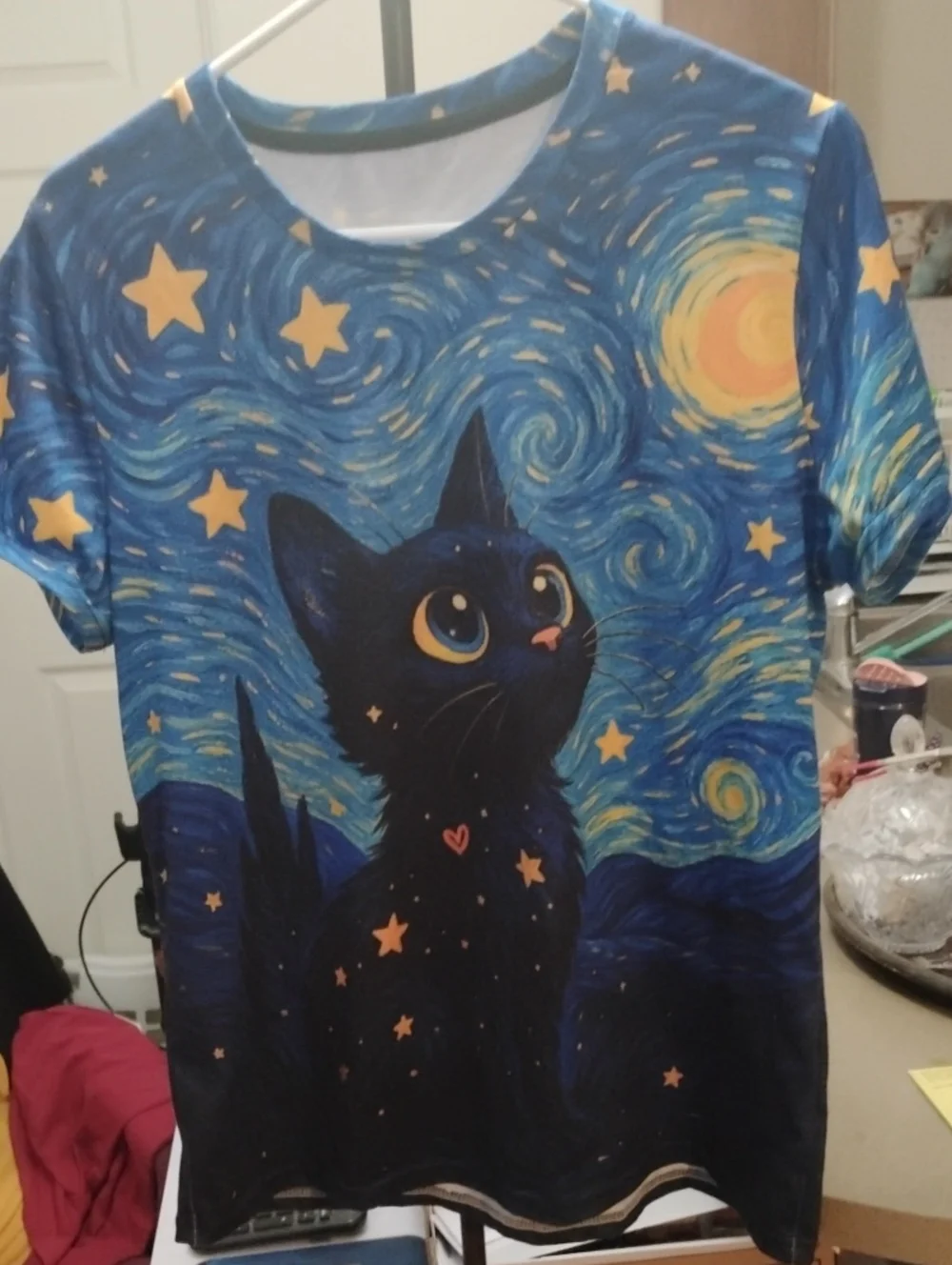 Starry Night Cat Graphic Tee - Blue